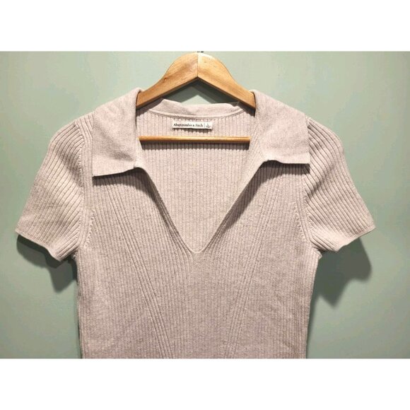 Abercrombie Fitch Y2K Lt Gray Heavy Rib Knit Short Sleeve Collar V Neck Dress Lg - Picture 2 of 6